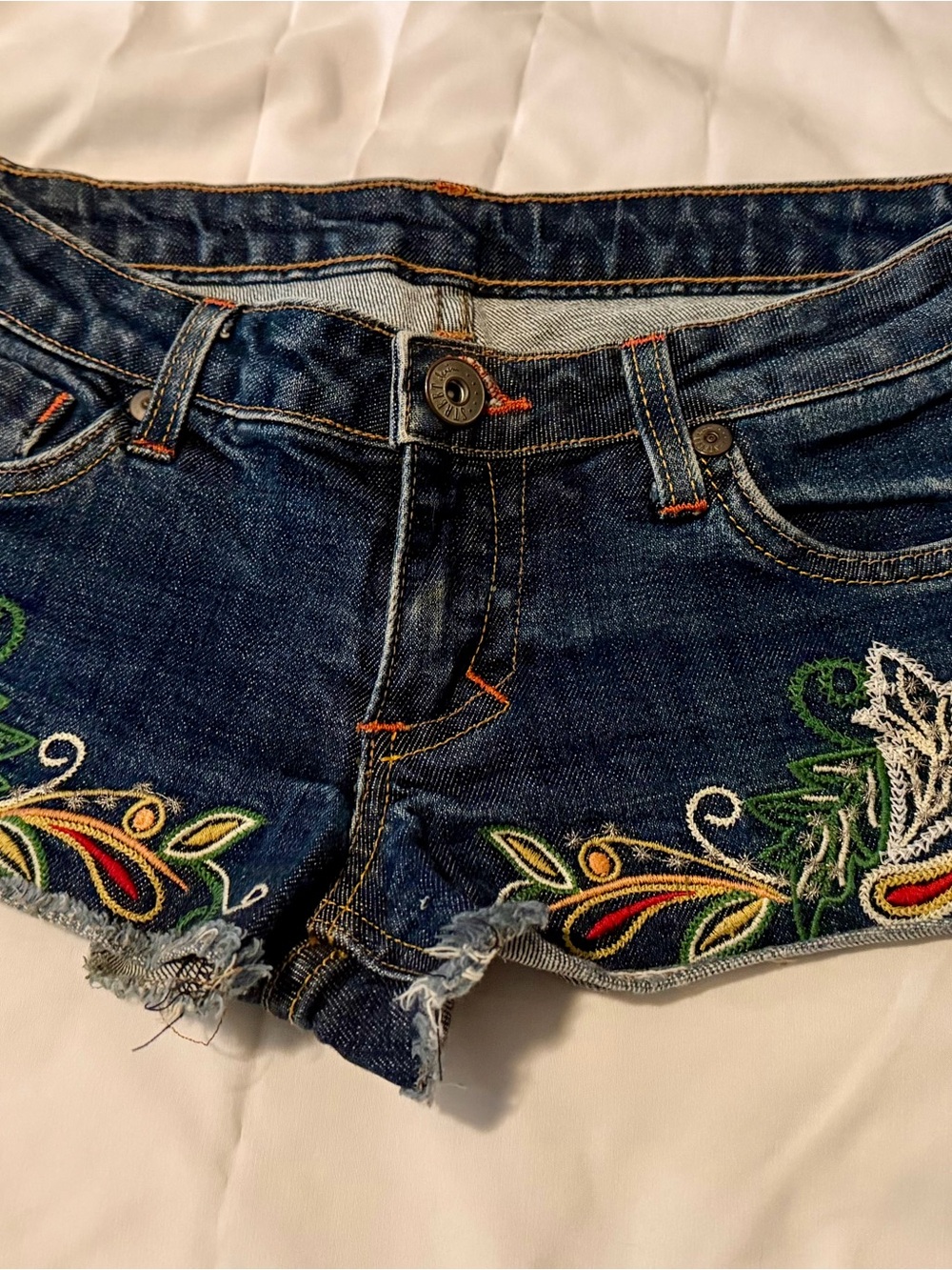 Embroidered Dark Blue Denim Women's Shorts